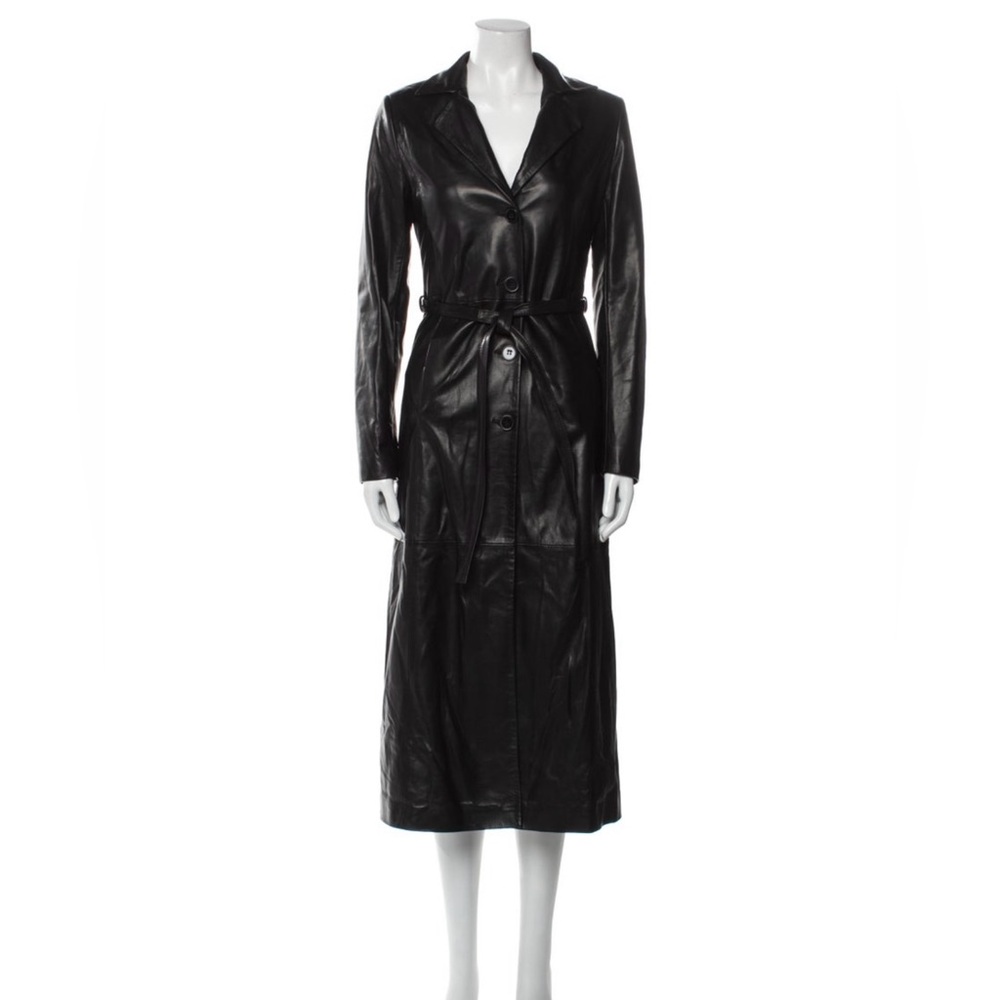 Nour Hammour Tamara Black Leather Trench Coat with Belted Waist